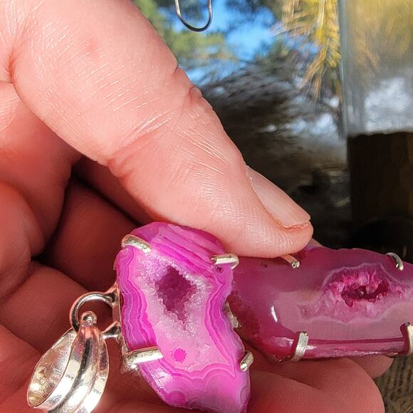 Pink Agate Geode Pendant Sterling Silver, Handmade Boho Crystal Necklace - Picture 10 of 10